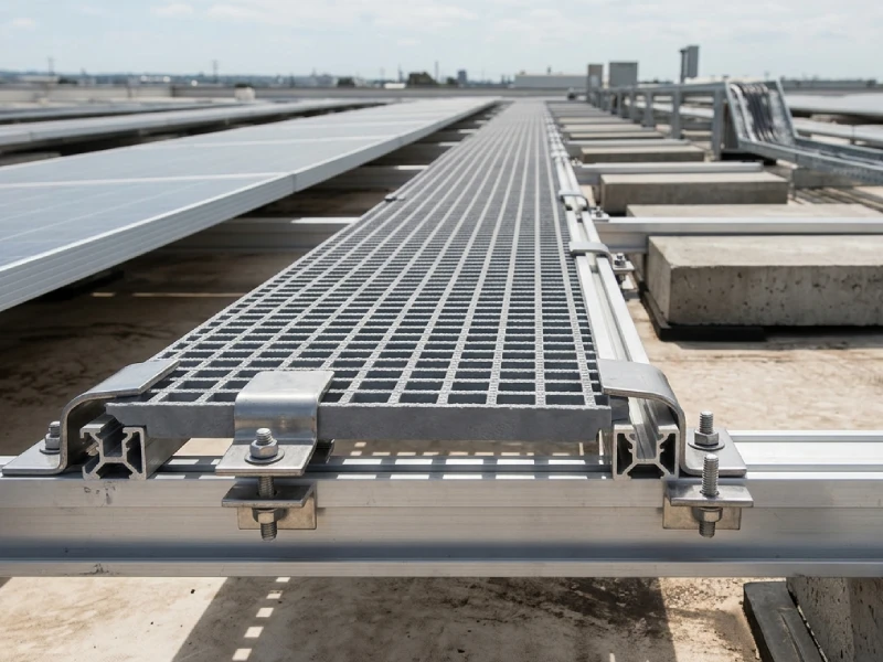 FRP grating walkway mounted on aluminum solar rails using stainless steel clamps without roof penetration