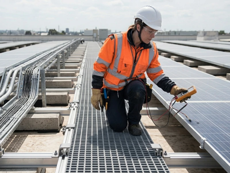 solar technician performing maintenance while walking on FRP grating walkway in commercial rooftop PV system