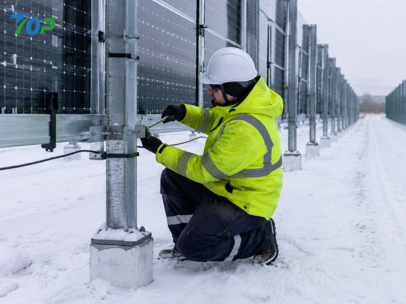 EPC engineer performing winter maintenance on ground-mounted vertical solar system